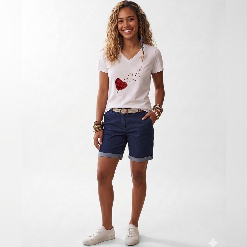 Women's White Heart Graphic V-Neck T-Shirt - Picture 2 of 4